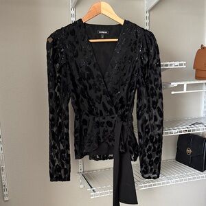 Express Black Velvet Leopard-Print Wrap Blouse